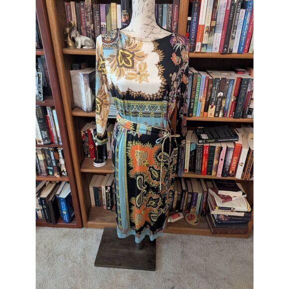 Etro Milano Women's Size 44 Black Silk Multi Printed Jersey Midi Dress Italy - Picture 4 of 9